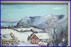 Beautiful Mid Century Folk Art Oil Painting Christmas Sleds Winter Mimi Peck 2