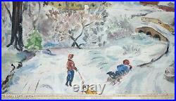 Beautiful Mid Century Folk Art Oil Painting Christmas Sleds Winter Mimi Peck 2