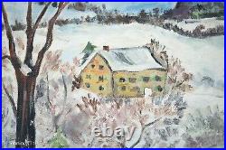 Beautiful Mid Century Folk Art Oil Painting Christmas Sleds Winter Mimi Peck 2