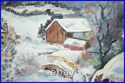 Beautiful Mid Century Folk Art Oil Painting Christmas Sleds Winter Mimi Peck 2