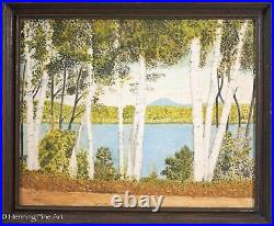 Beautiful Vintage Folk Art Landscape Oil Painting of Songs Lake Maine, Birches