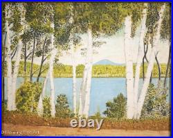 Beautiful Vintage Folk Art Landscape Oil Painting of Songs Lake Maine, Birches