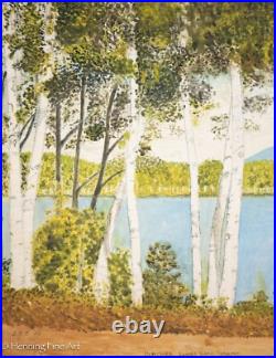 Beautiful Vintage Folk Art Landscape Oil Painting of Songs Lake Maine, Birches