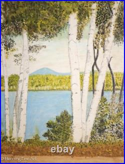 Beautiful Vintage Folk Art Landscape Oil Painting of Songs Lake Maine, Birches