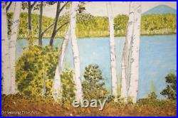 Beautiful Vintage Folk Art Landscape Oil Painting of Songs Lake Maine, Birches