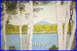 Beautiful Vintage Folk Art Landscape Oil Painting of Songs Lake Maine, Birches