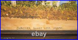 Beautiful Vintage Folk Art Landscape Oil Painting of Songs Lake Maine, Birches