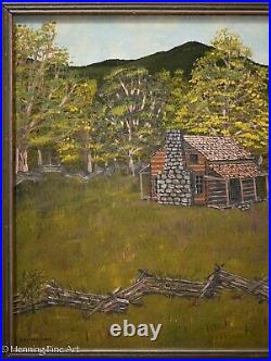 Beautiful Vintage Folk Art Oil Painting of Traditional Log Cabin Signed & Lovely