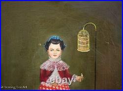 Beautiful Vintage Folk Oil Painting of Young Girl with Birds & Dog, Signed Fine