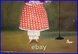 Beautiful Vintage Folk Oil Painting of Young Girl with Birds & Dog, Signed Fine