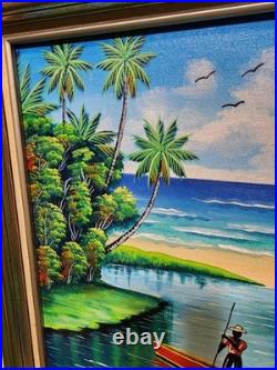 Beautiful Vintage Jamaica Oil Painting Landscape Signed 05 Tree Seascape, Folksy
