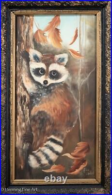 Beautiful Vintage Naive Folk Art Oil Painting of a Raccoon in a Tree, Framed Beautiful Vintage Naive Folk Art Oil Painting of a Raccoon in a Tree, Framed