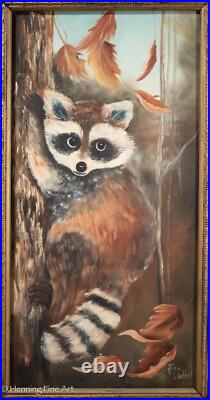 Beautiful Vintage Naive Folk Art Oil Painting of a Raccoon in a Tree, Framed Beautiful Vintage Naive Folk Art Oil Painting of a Raccoon in a Tree, Framed