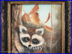 Beautiful Vintage Naive Folk Art Oil Painting of a Raccoon in a Tree, Framed Beautiful Vintage Naive Folk Art Oil Painting of a Raccoon in a Tree, Framed