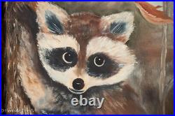 Beautiful Vintage Naive Folk Art Oil Painting of a Raccoon in a Tree, Framed Beautiful Vintage Naive Folk Art Oil Painting of a Raccoon in a Tree, Framed
