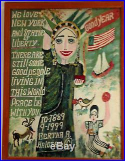 Bertha A. Halozan Outsider Folk Art Statue of Liberty Painting Signed 1999