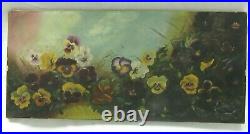 Big 26 Antique Oil Painting Still Life Floral Pansey Victorian Country Folk Art