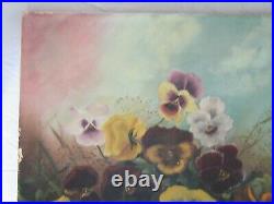 Big 26 Antique Oil Painting Still Life Floral Pansey Victorian Country Folk Art