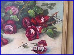 Big 26 Antique Victorian Still Life Floral Oil Painting Signed Country Folk Art