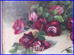Big 26 Antique Victorian Still Life Floral Oil Painting Signed Country Folk Art