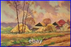 Big 28 Vintage Farm Landscape Folk Art Oil Painting Signed Original Canvas 1930