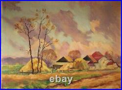 Big 28 Vintage Farm Landscape Folk Art Oil Painting Signed Original Canvas 1930