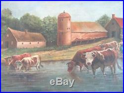 Big Antique 24 Original Oil Painting COWS Country Folk Art FARM BARN RIVER