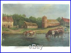 Big Antique 24 Original Oil Painting COWS Country Folk Art FARM BARN RIVER