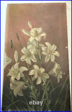 Big Antique Oil Painting Still Life Floral Victorian Country Folk Art Primitive