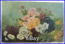 Big Antique Victorian Oil Painting Folk Art Still Life Floral Country Primitive