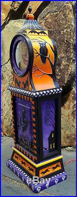 Big Folk art hand painted Halloween clock witch owl black cat moon artist signed