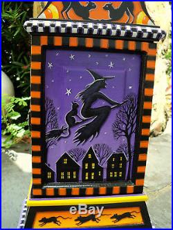 Big Folk art hand painted Halloween clock witch owl black cat moon artist signed