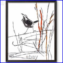 Bird Painting 14x11 Minimalist Ink Expressionism Art Canvas Signed Home Decor