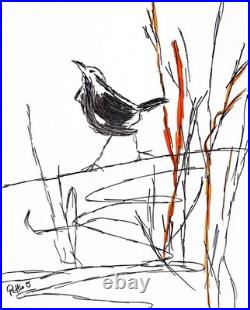 Bird Painting 14x11 Minimalist Ink Expressionism Art Canvas Signed Home Decor