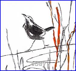 Bird Painting 14x11 Minimalist Ink Expressionism Art Canvas Signed Home Decor