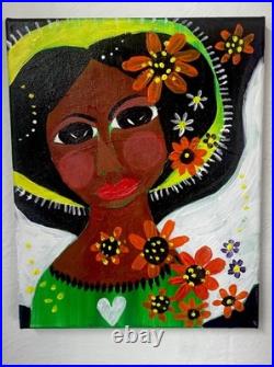 Black Folk Art Angel Outsider Art Primitive Folk Painting Signed Canvas