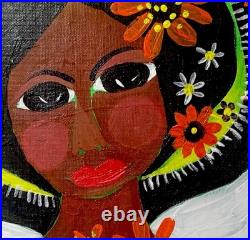 Black Folk Art Angel Outsider Art Primitive Folk Painting Signed Canvas