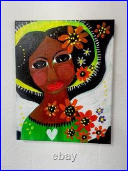 Black Folk Art Angel Outsider Art Primitive Folk Painting Signed Canvas