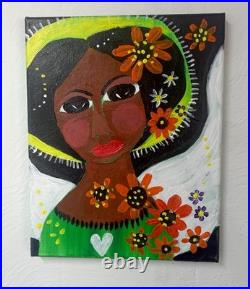 Black Folk Art Angel Outsider Art Primitive Folk Painting Signed Canvas