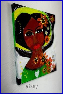 Black Folk Art Angel Outsider Art Primitive Folk Painting Signed Canvas