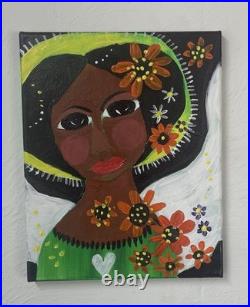 Black Folk Art Angel Outsider Art Primitive Folk Painting Signed Canvas