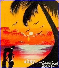 Black Folk Art Painting Lovers Embracing Native Tropical Sunset Orange Mark