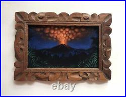 Black Velvet Painting Tiki Volcano Landscape Hand Carved Wood Frame Tiki Bar