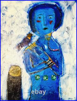 Blue Outsider Folk Art, Original MIX Painting/collage By Ruth Arenz- Canvas