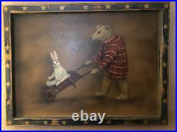Boardwalk Originals Bonnie Barrett J Buller BEAR & BUNNY Folk Art Painting 28x21
