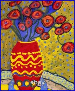 Bold Modern Folk Art Flower Painting 16x20 Stretched Canvas Homage To George