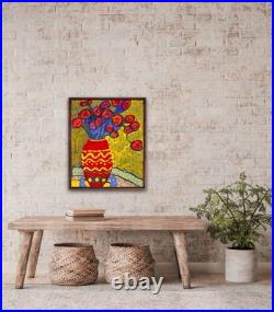 Bold Modern Folk Art Flower Painting 16x20 Stretched Canvas Homage To George