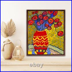 Bold Modern Folk Art Flower Painting 16x20 Stretched Canvas Homage To George