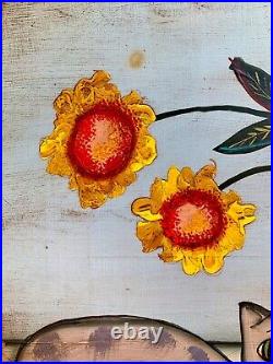 Bonnie Grilli Folk Art Cat & Sunflowers Painting Acrylic on Board Signed