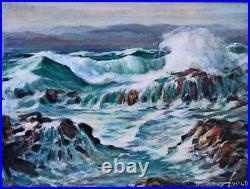 Breaking Ocean Waves Rocky Coast Folk Art Vintage Painting Seascape Zwald